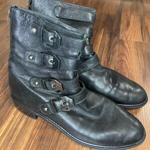 Stuart Weitzman Black Leather Buckle Motorcycle Boots